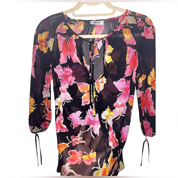 Moschino Vintage 90s Butterfly Print Sheer Blouse | Black + Pink Size XS/S 0-2 - Picture 4 of 10